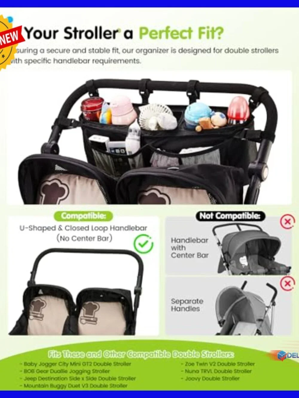 Double Stroller Organizer with 11 Compartments, 2 Insulated Pockets
